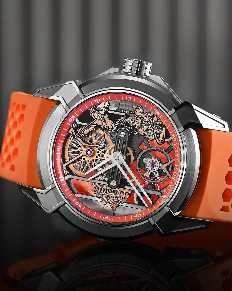 Inspired by the majestic Ram Mandir in Ayodhya, this timepiece channels spiritual strength into every component. The Epic X case design—crafted from lightweight yet ultra-durable titanium—is bold, powerful, and purposeful. Each visual element is intentional, honoring an ancient legacy while exuding modern sophistication. This is more than a watch—it’s a declaration of faith, culture, and strength.