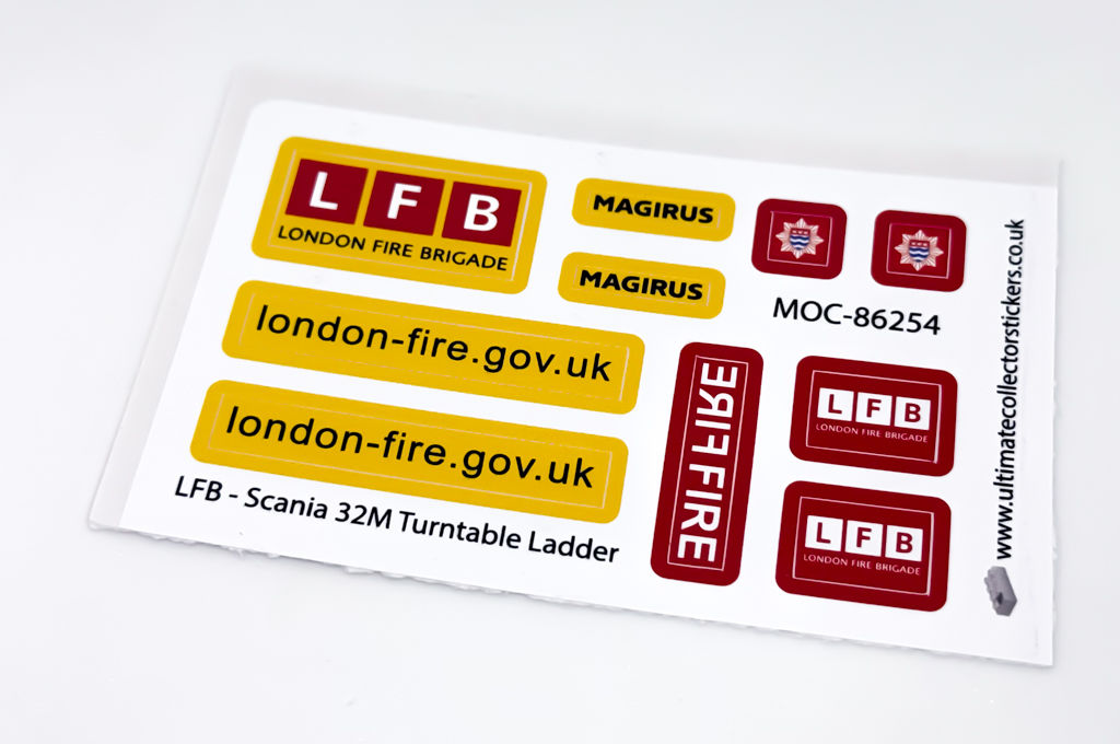 Sticker sheet for London Fire Brigade Scania 32M Turntable Ladder (MOC-86254)