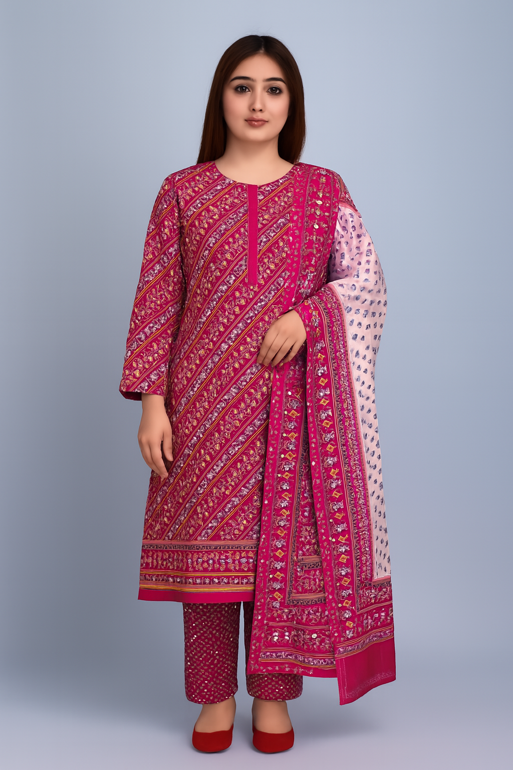 Read & White Joypuri Three Piece