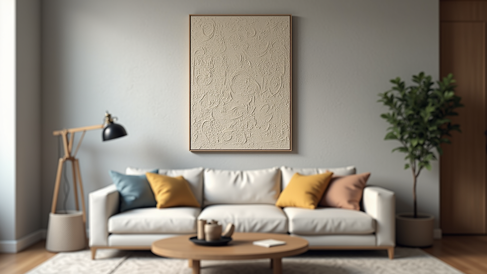 Close-up view of a textured mixed media artwork hanging in a modern living room