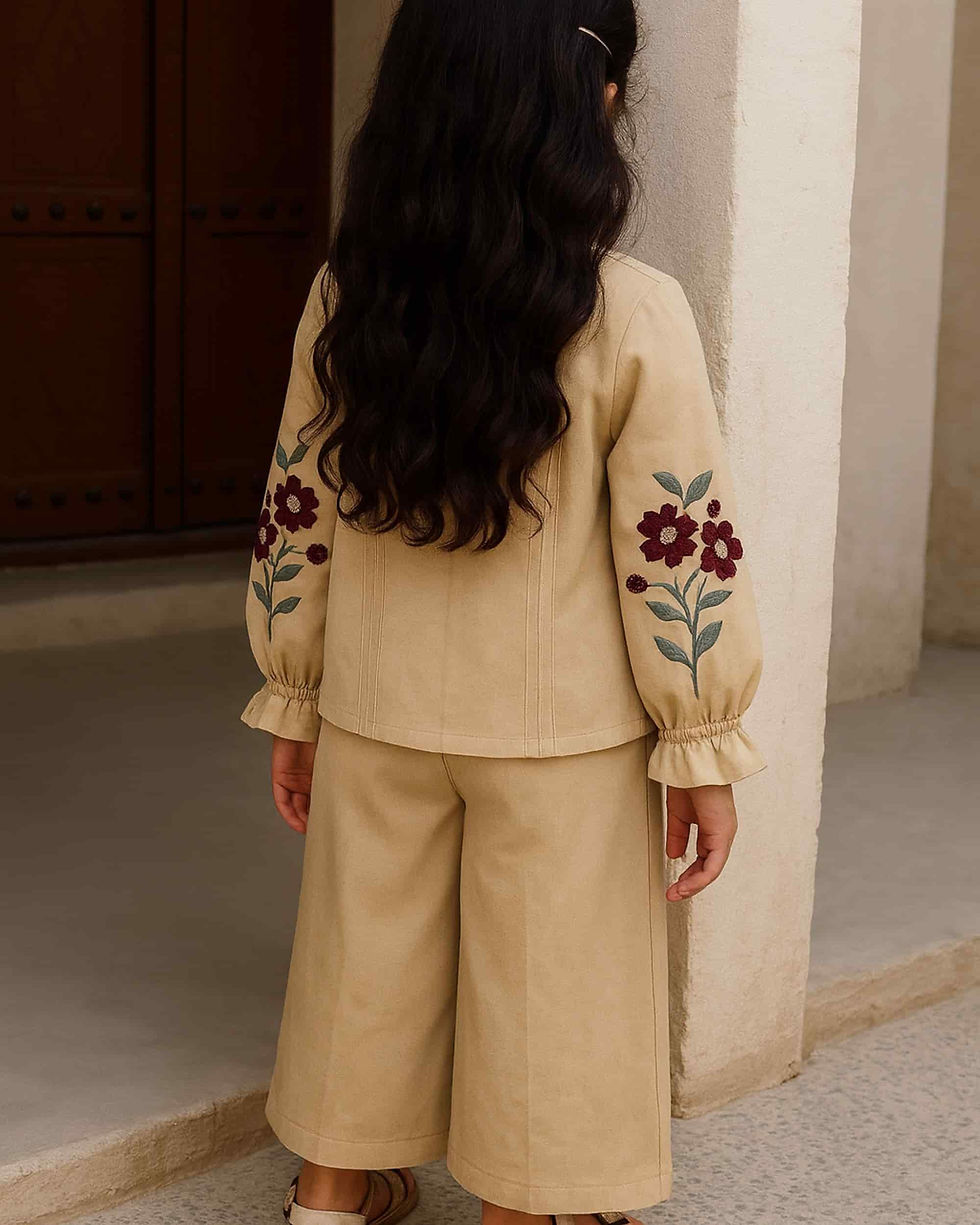 Back view of a girl wearing a beige co-ord set with embroidered sleeves