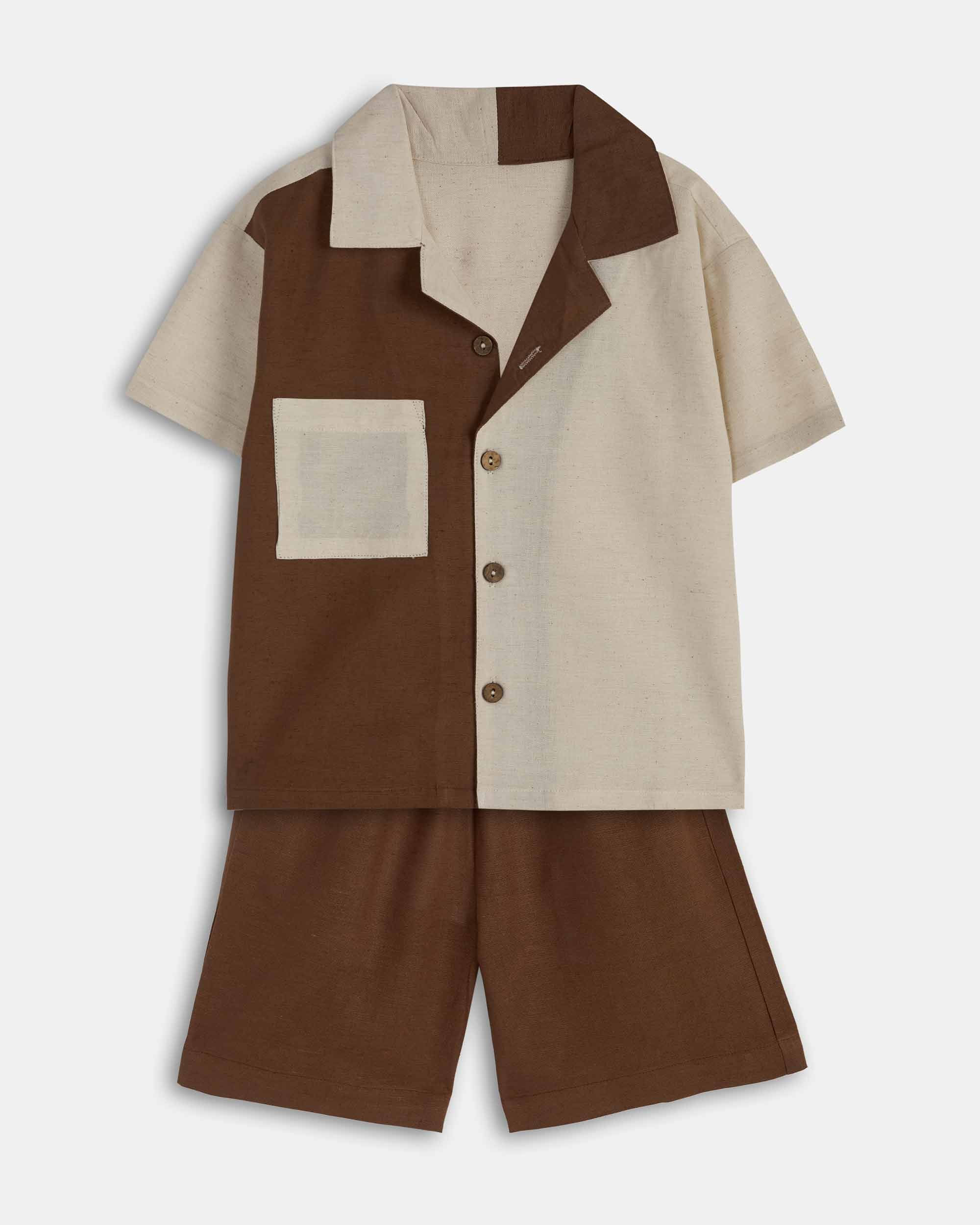 Two-tone kids' coord set with button-down shirt and matching brown shorts, ideal for a smart-casual look.