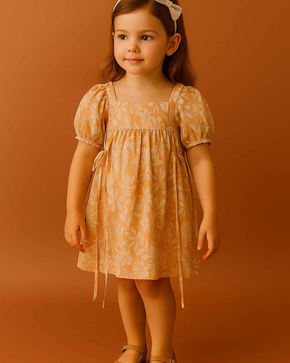 Front view, peach print puff sleeve dress