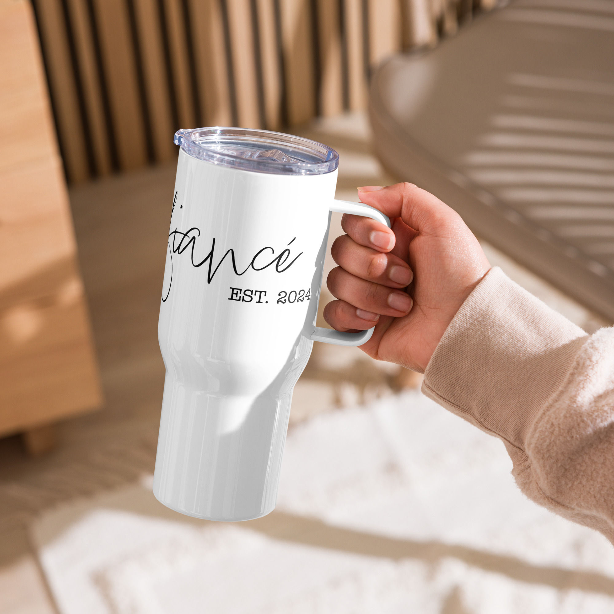 "Fiancé EST. 2024" Travel Mug with Handle