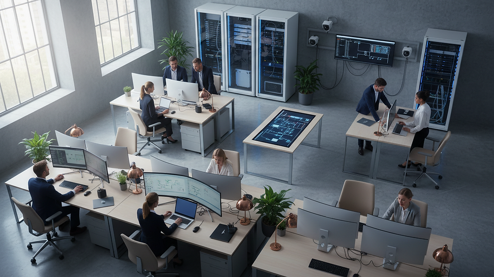 Vue en plongée d’un bureau moderne avec plusieurs ordinateurs et équipements IT