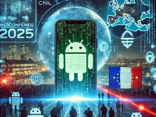 Une scène cyberpunk futuriste mêlant smartphone attaqué, carte de France innovante, conférence à Montréal et symboles de cybersécurité, illustrant les enjeux et avancées d'avril 2025
