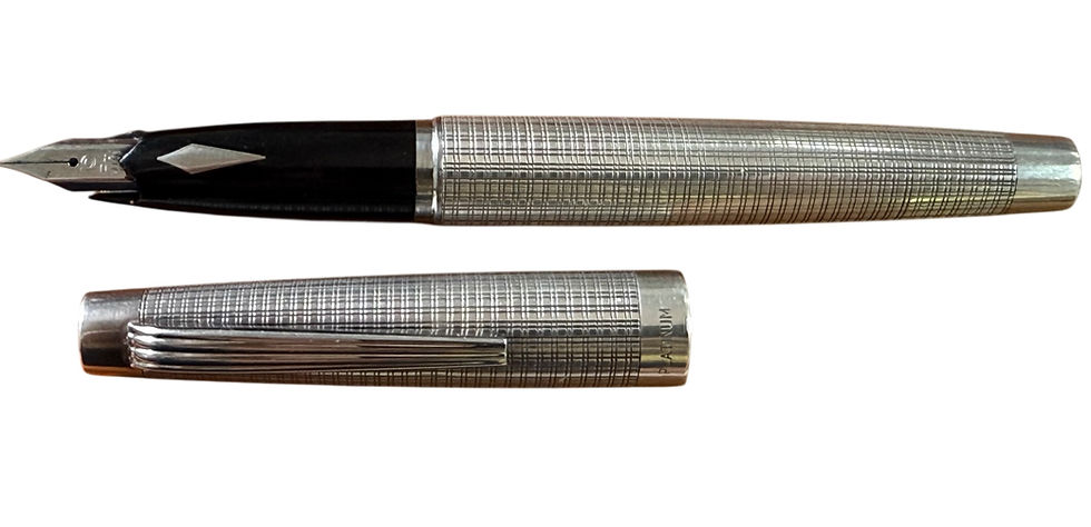 Platinum-Platinum fountain pen, silver, double-grid engravings, chrome plated trim and platinum alloy nib, cartridge/converter, (1966) found on page 299 "Fountain Pens of Japan"