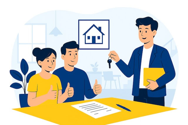 Young couple celebrating new rental property lease – flat illustration for property success story