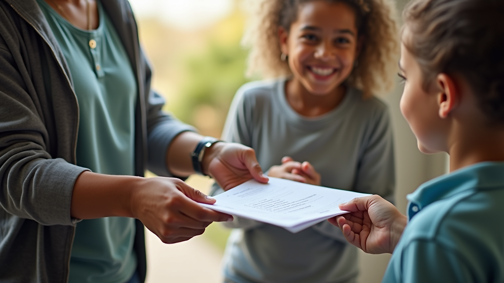 Close-up view of a community worker handing educational materials to a family