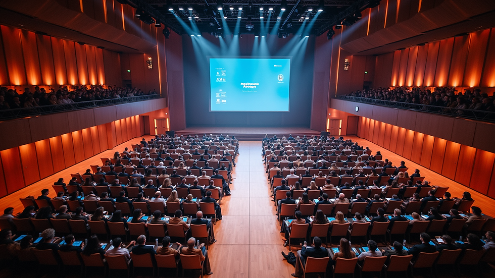 High angle view of a large conference hall set up for a corporate event