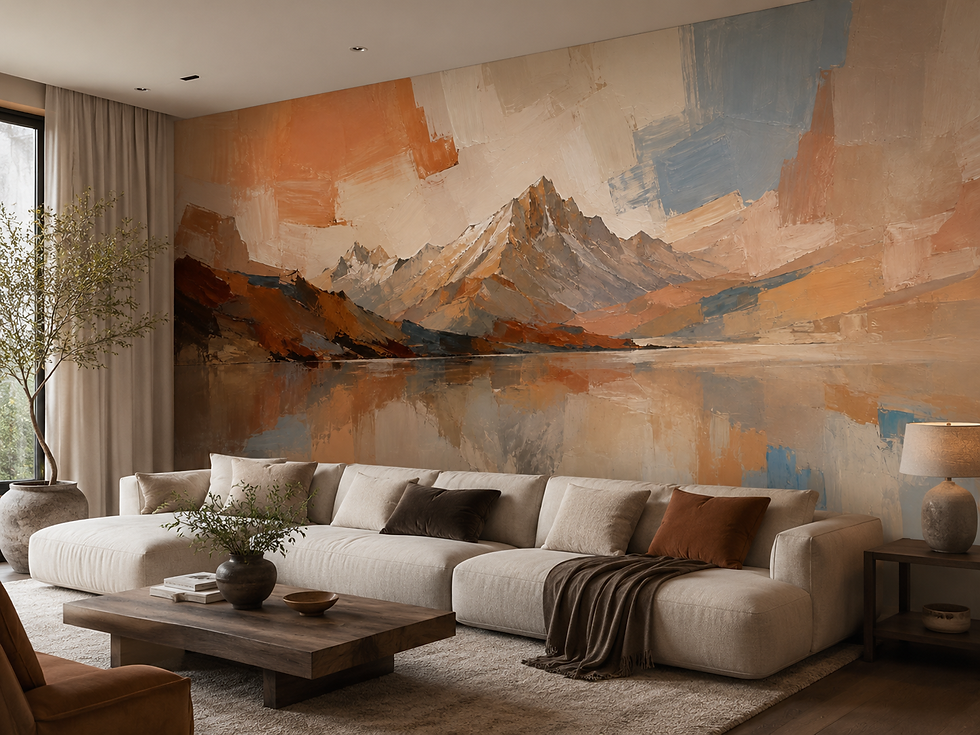 Warm alpine wall mural with rust toned mountains, calm lake reflection and layered abstract brushwork in a living room