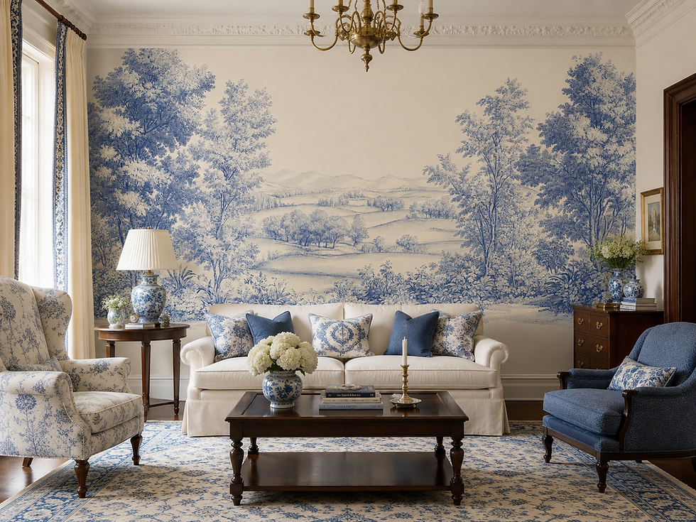 Thumbnail: Blue landscape wallpaper for a lounge featuring classic toile trees and rolling countryside