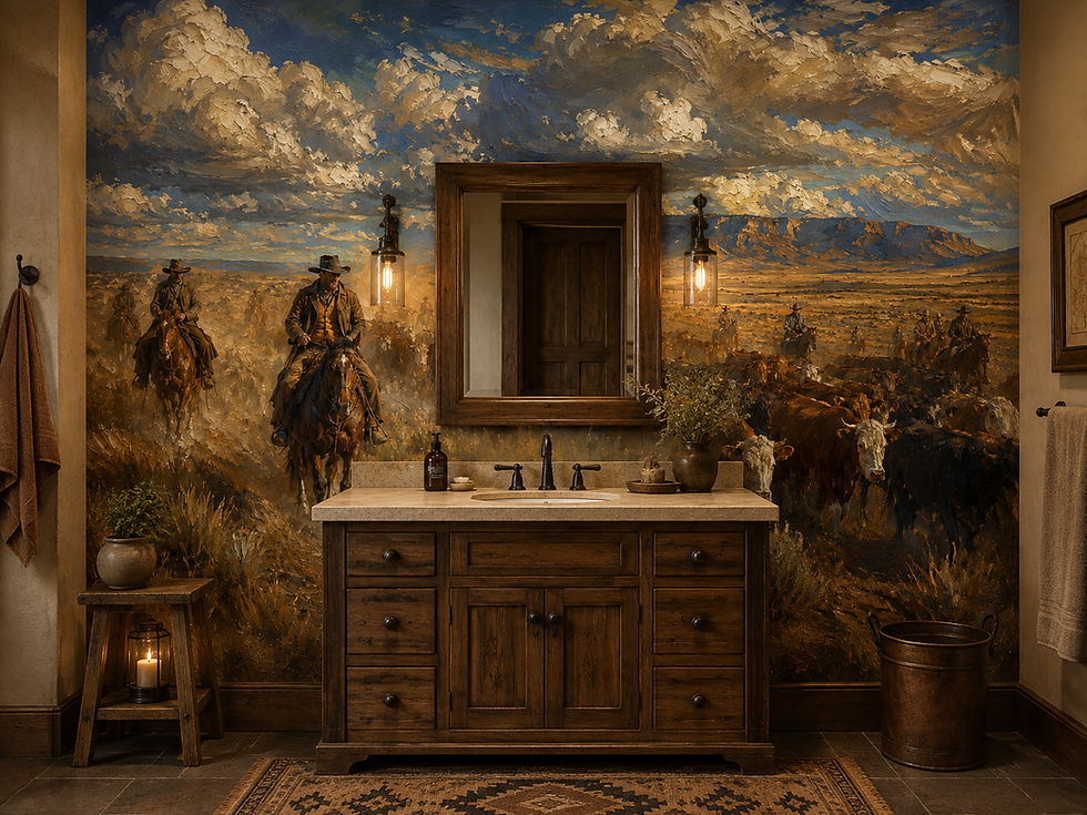 Thumbnail: Cattle drive wall mural with mounted cowboys and golden Western range creating a dramatic restaurant feature wall.