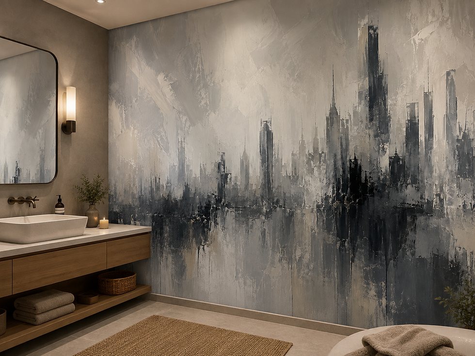 Thumbnail: Monochrome skyline wallpaper in a bathroom with sink and mirror, featuring charcoal towers and soft gray city reflections