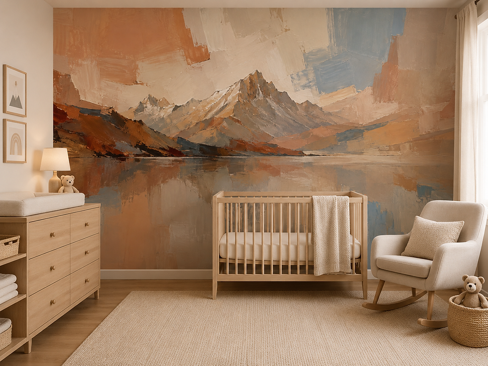 Thumbnail: Soft terracotta mountain wallpaper mural with warm alpine peaks and calming lake reflection in a child's room