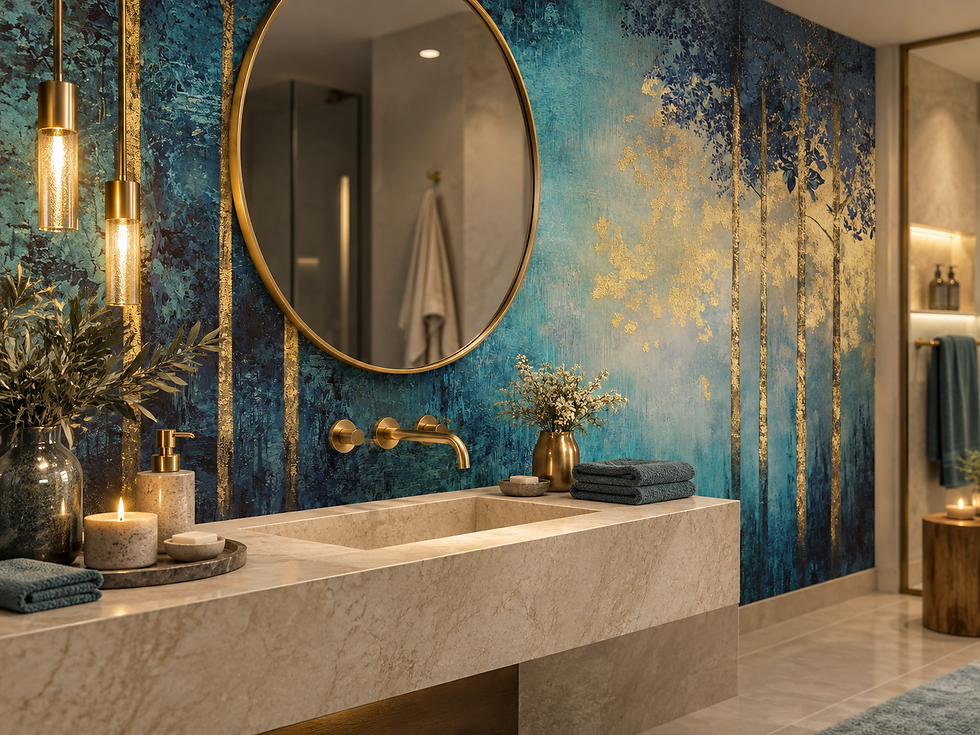 Thumbnail: Teal gold forest wallpaper in a bathroom with sink and mirror, featuring dark foliage and luminous golden tree trunks