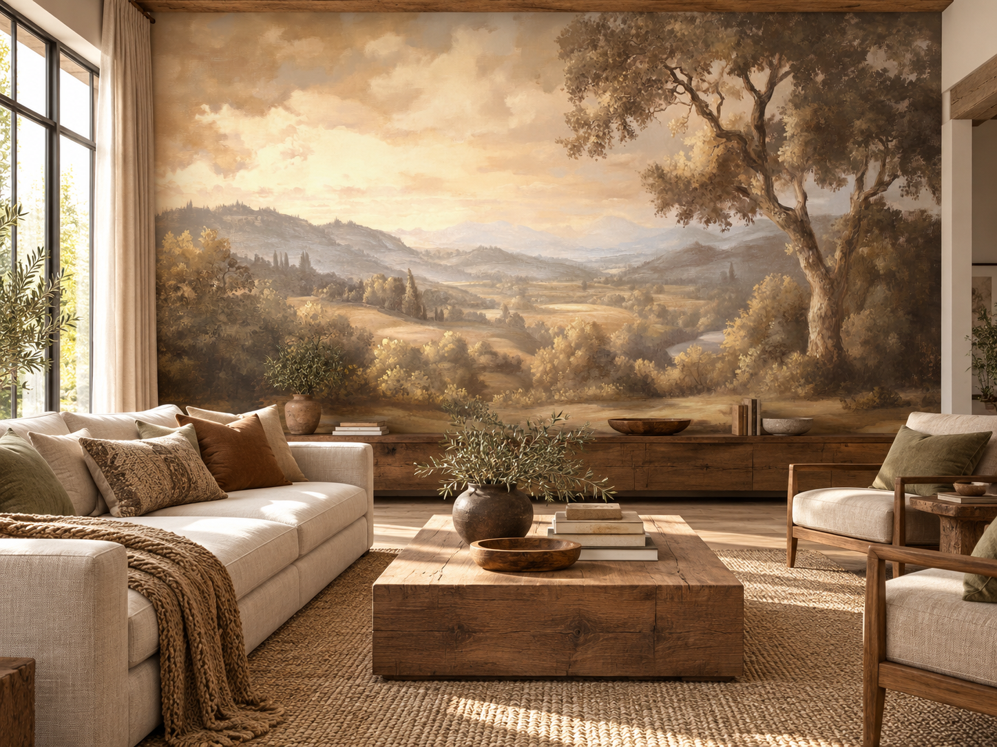 Pastoral landscape mural with rolling hills, large trees and soft golden light in a living room