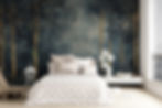 Luxury dark forest wall mural in elegant bedroom with white quilted bedding