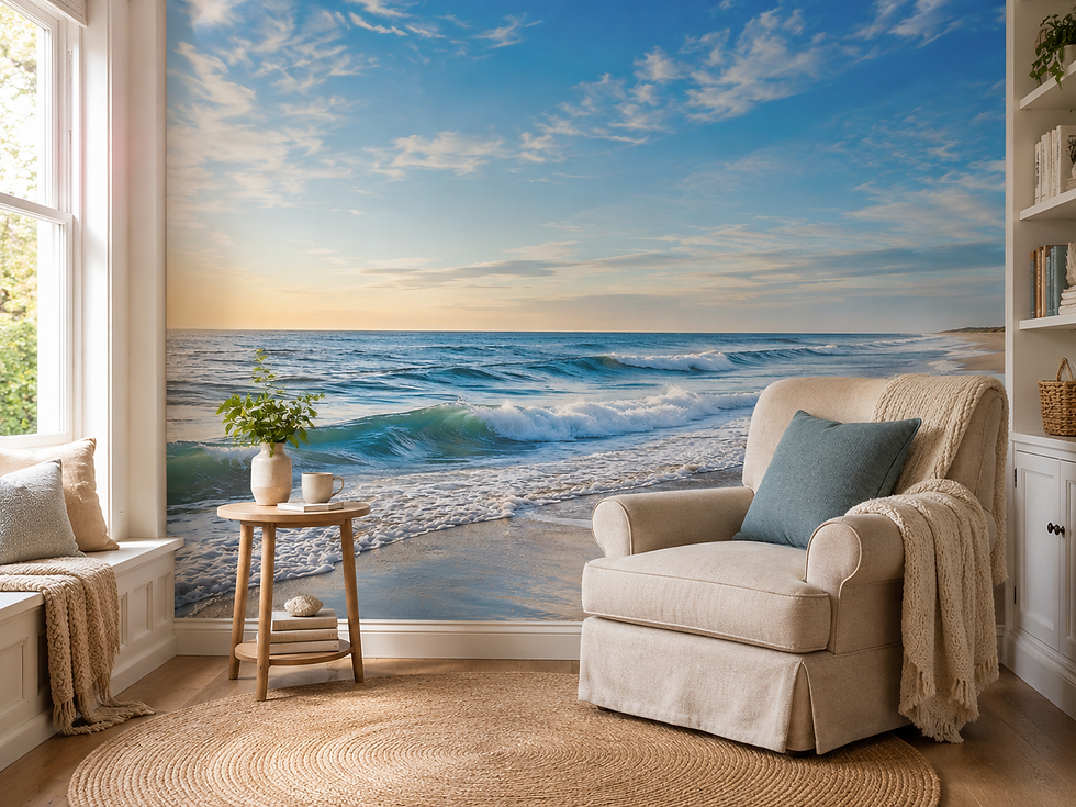 Thumbnail: Beach wall mural with panoramic shoreline and blue skies adding serenity to a home library.