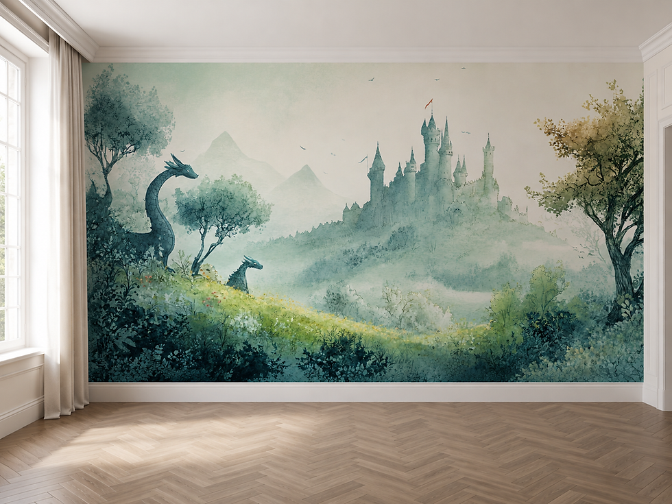 Thumbnail: Castle wallpaper for a playroom featuring friendly dragons and an enchanted watercolor landscape[']