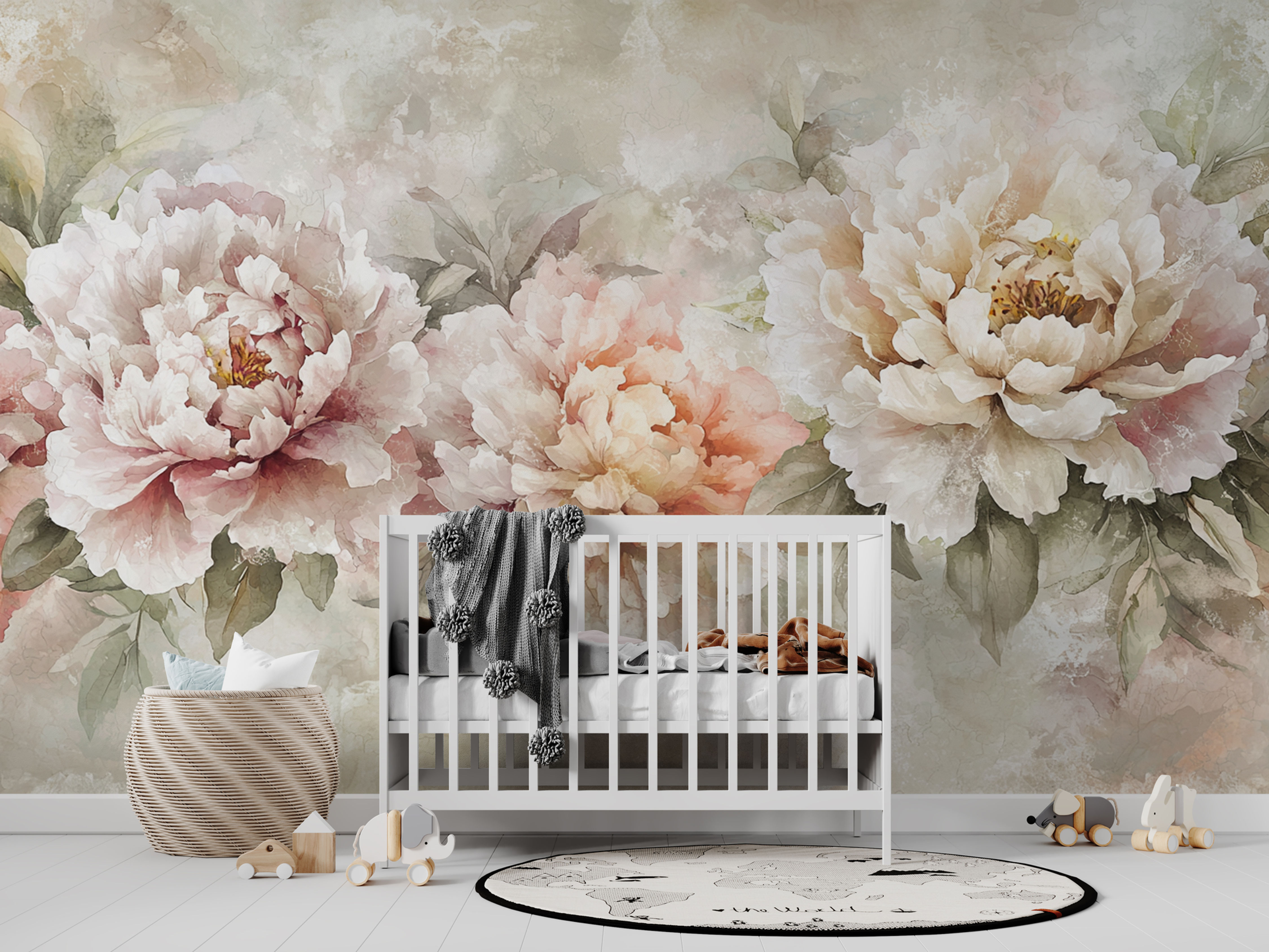 romantic watercolor peony wall mural in blush tones for nursery