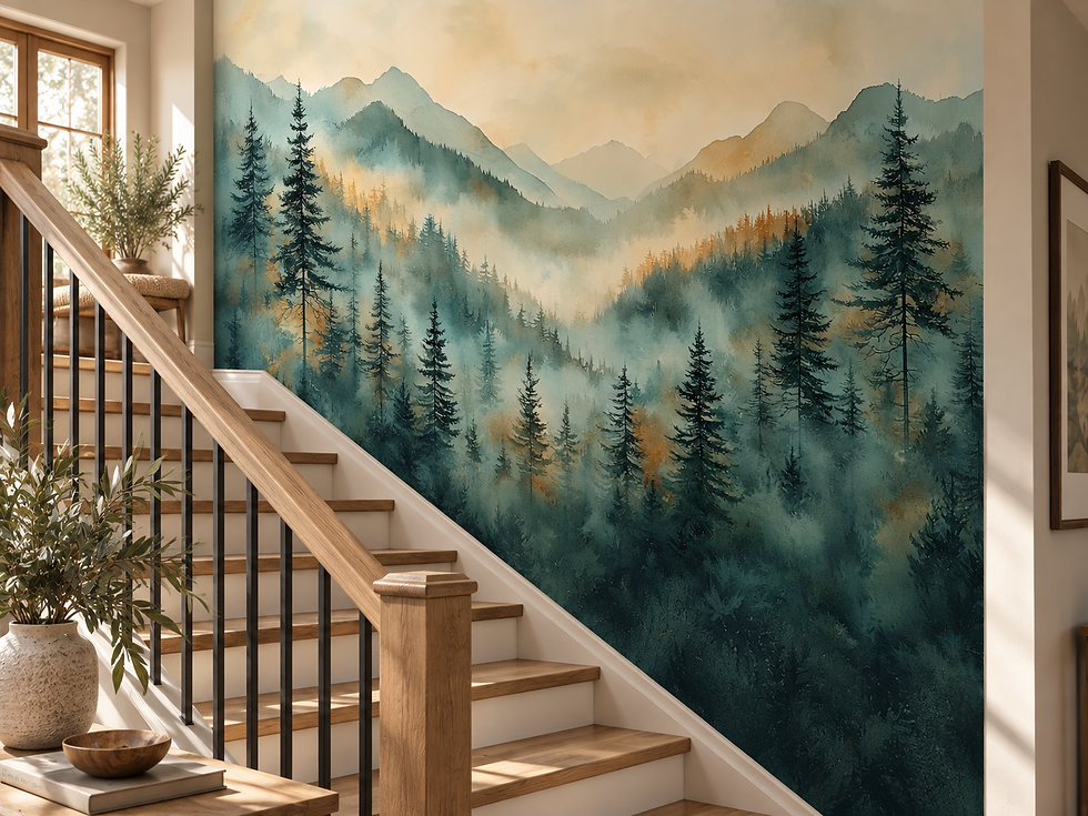 Thumbnail: Misty pine mural with teal forest layers, mountain peaks and warm golden tones along a staircase