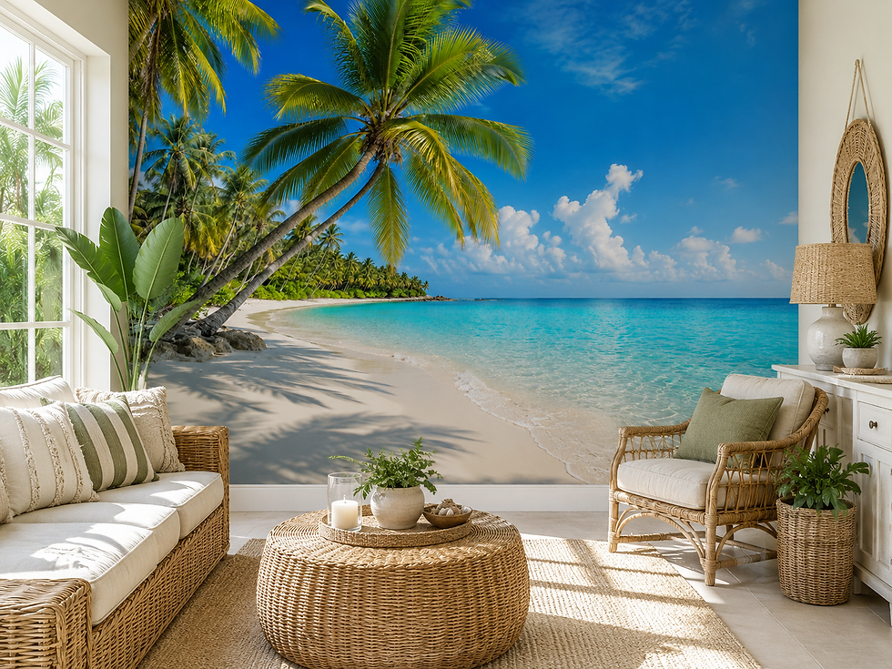 Thumbnail: Tropical wall mural featuring leaning coconut palms, crystal-clear turquoise sea, powder-white sand, and lush foliage inside