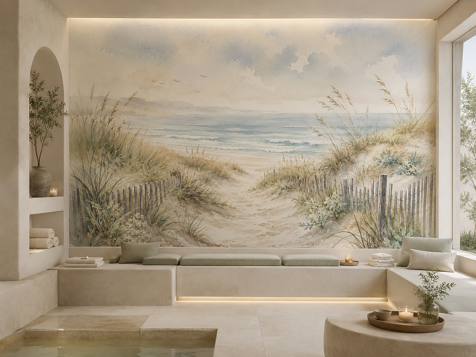 Thumbnail: Beach wall mural with sandy trail and gentle ocean creating a luxurious spa salon.
