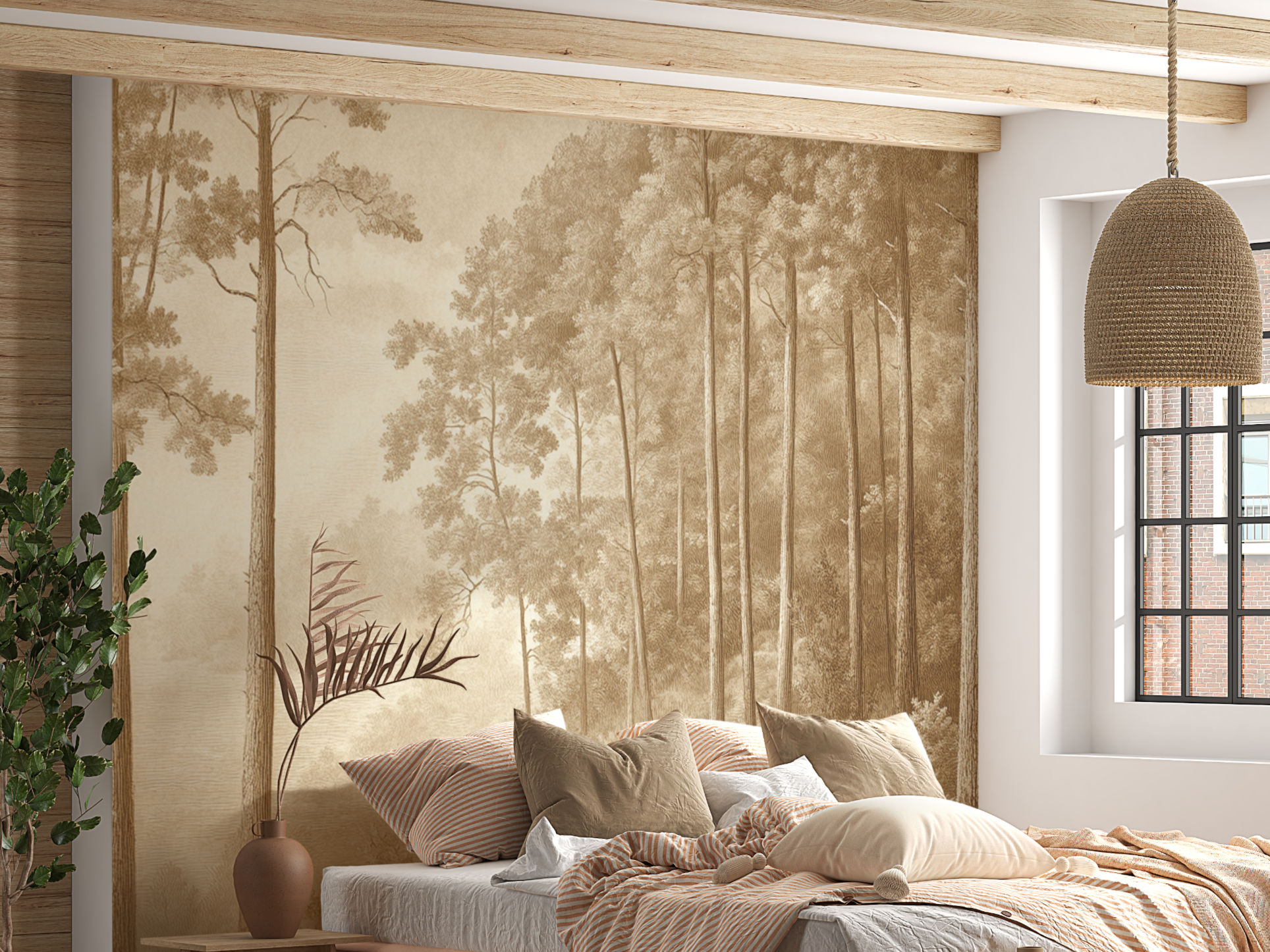 engraved woodland wallpaper mural for bedroom
