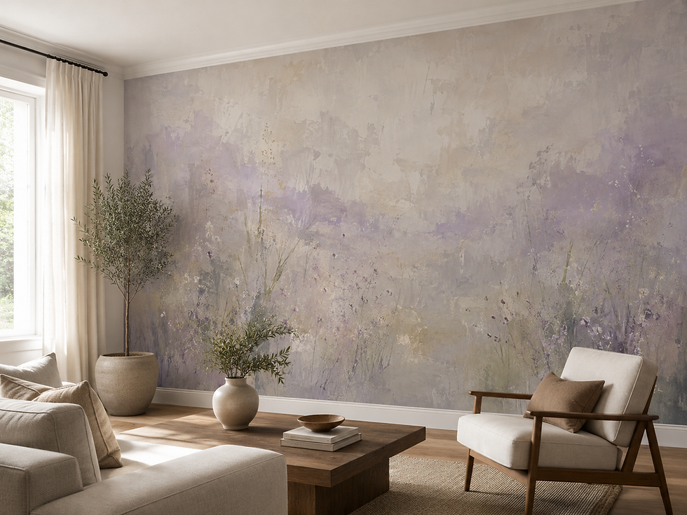 Purple meadow wall mural with delicate wildflowers, muted lavender tones and soft abstract botanical scenery in a living room
