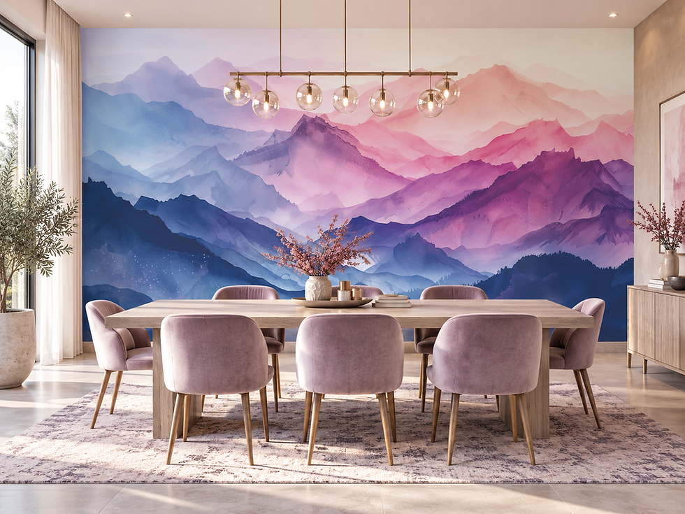 Colorful mountain wallpaper with layered blue, violet and soft pink watercolor landscape in a dining room