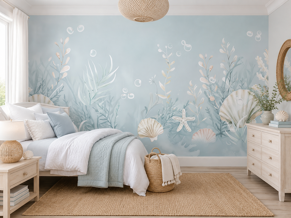 Thumbnail: Beach wallpaper for a bedroom with watercolor seashells, starfish, underwater plants, and calming coastal tones
