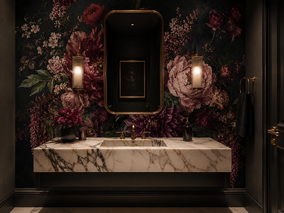 Dark watercolor floral wallpaper mural with burgundy blooms creating a boutique hotel style bathroom.
