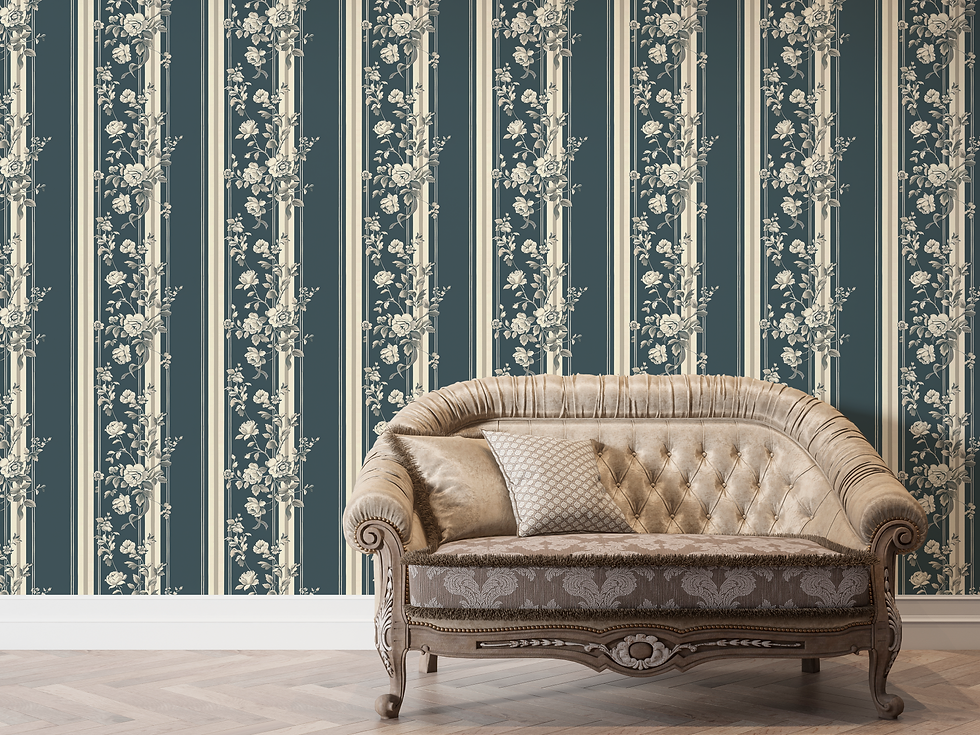 Thumbnail: Florivale wallpaper pattern by Bellasso, ivory floral vines and vertical stripes on a deep blue gray background