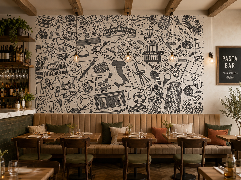 Thumbnail: Modern pizza restaurant wallpaper featuring black and white Italian food doodles with famous Italy landmarks and travel symbo