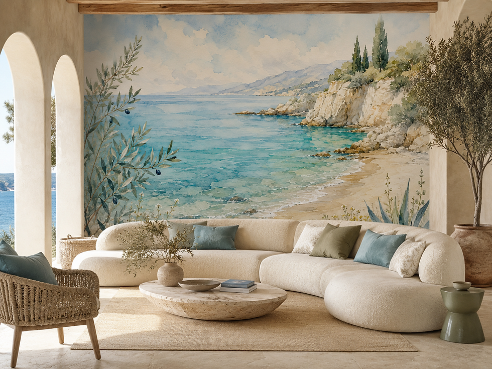 Thumbnail: Mediterranean coastal wallpaper with turquoise water and limestone cliffs creating a relaxing living room.
