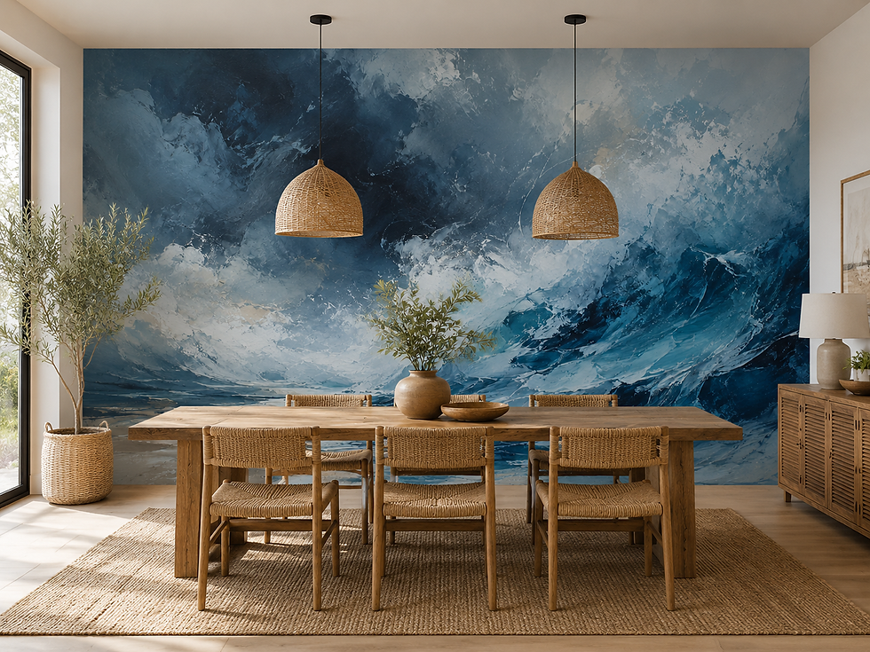 Thumbnail: Dramatic ocean wallpaper mural with turbulent blue waves and storm clouds behind a dining area.