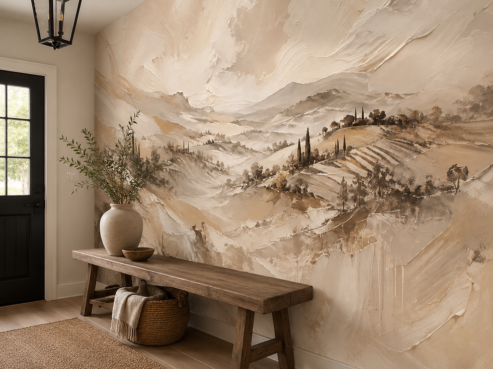 Thumbnail: Vintage Tuscany wallpaper mural with rolling neutral hills, cypress trees and warm sepia countryside texture in a hallway
