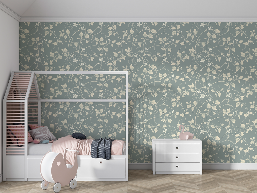 Thumbnail: Nursery room with Sage Vine wallpaper pattern by Bellasso, calm sage tone with delicate ivory vines