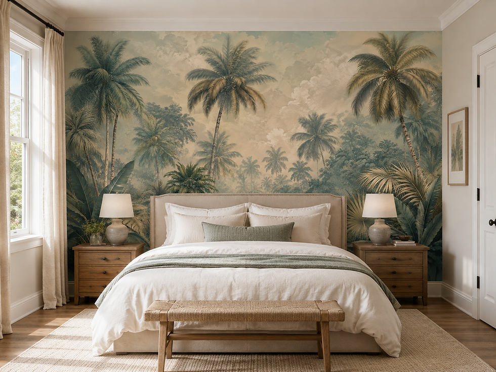 Thumbnail: Palm forest wallpaper mural with towering tropical trees and atmospheric foliage in a guest room.
