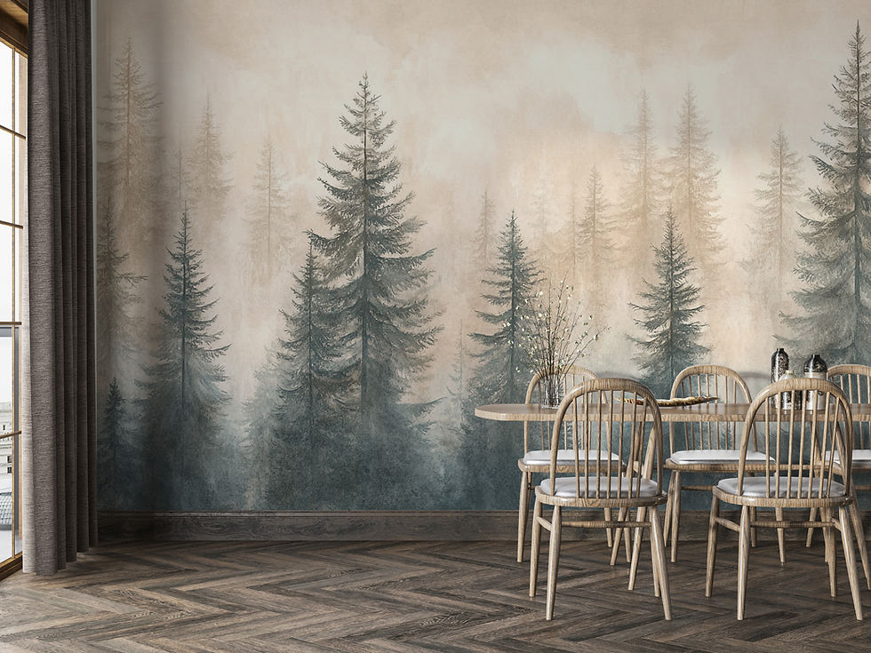 Thumbnail: foggy forest mural in dining room