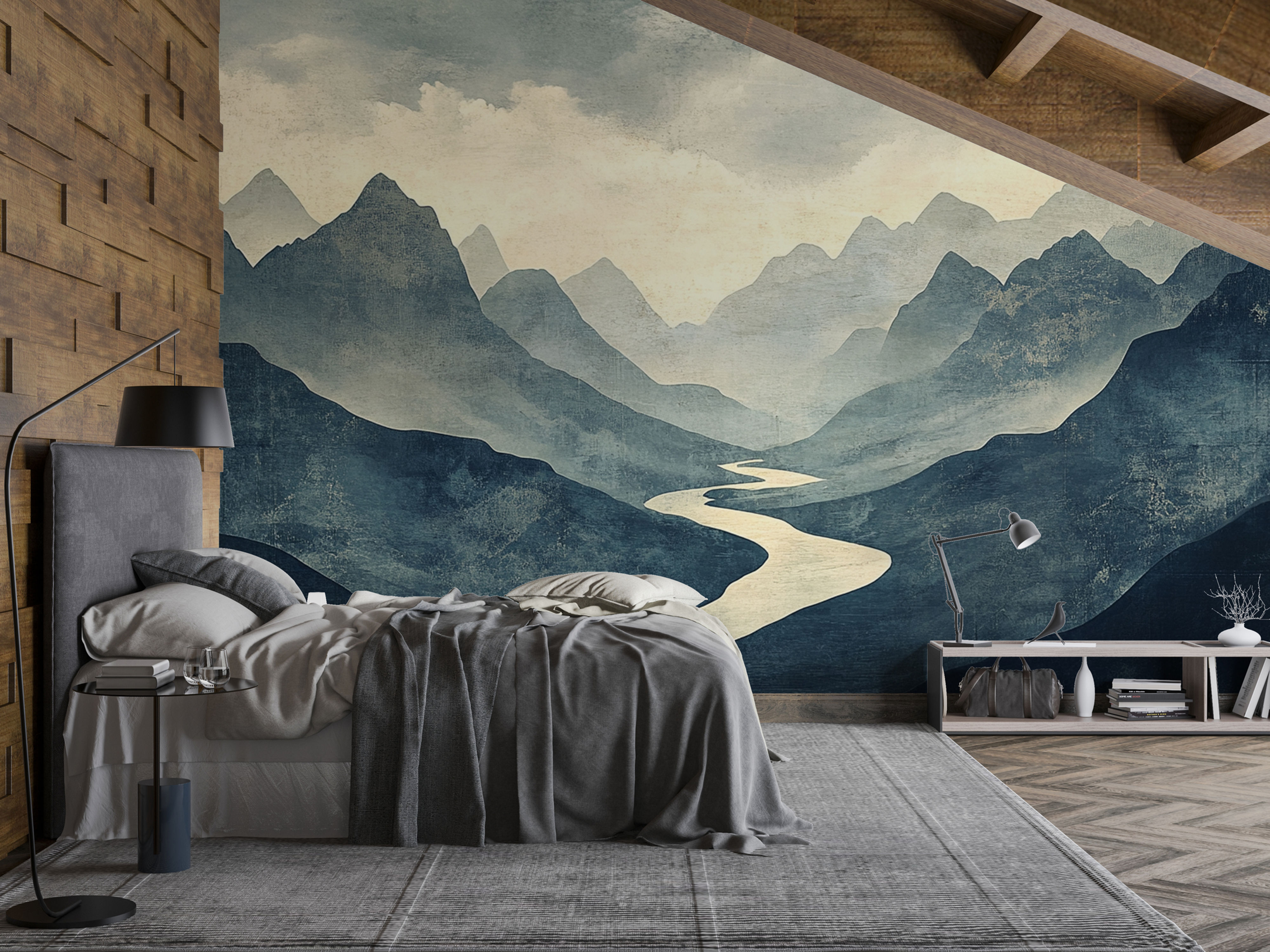 Close-up of Rivenreach peel and stick wallpaper texture, matte finish mountain landscape mural detail