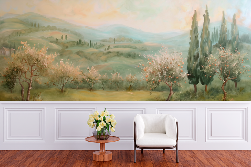 Full view of Verdelume wall mural by Bellasso, soft pastoral landscape with rolling hills and gentle green light