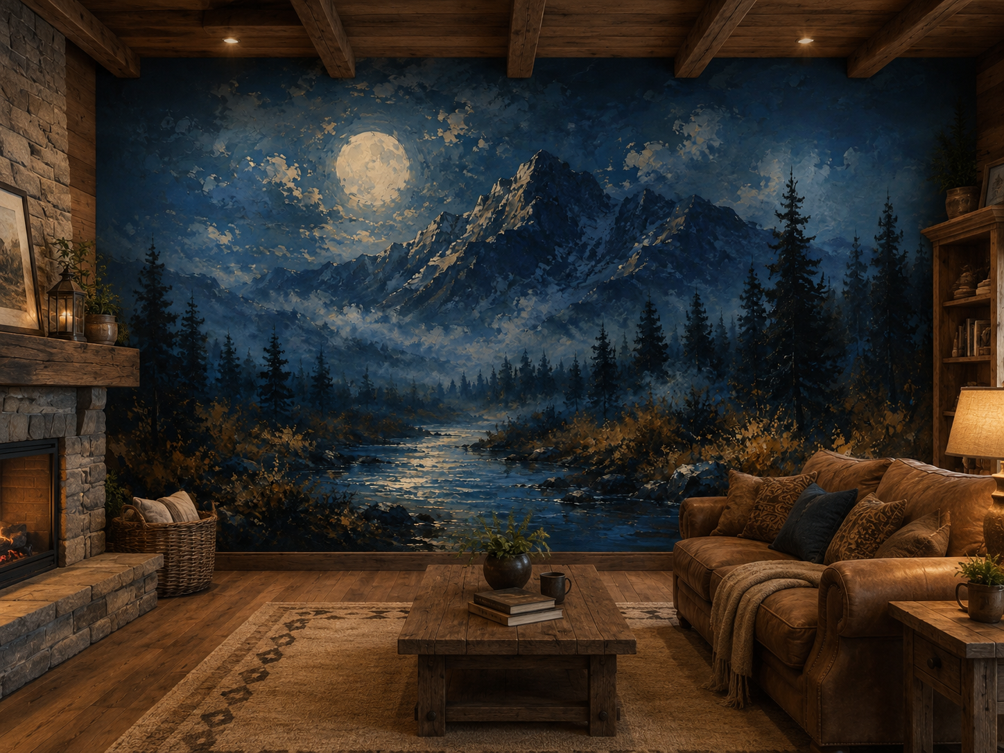 Mountain river night mural with glowing moon, evergreen forest and rugged peaks inside a mountain home.