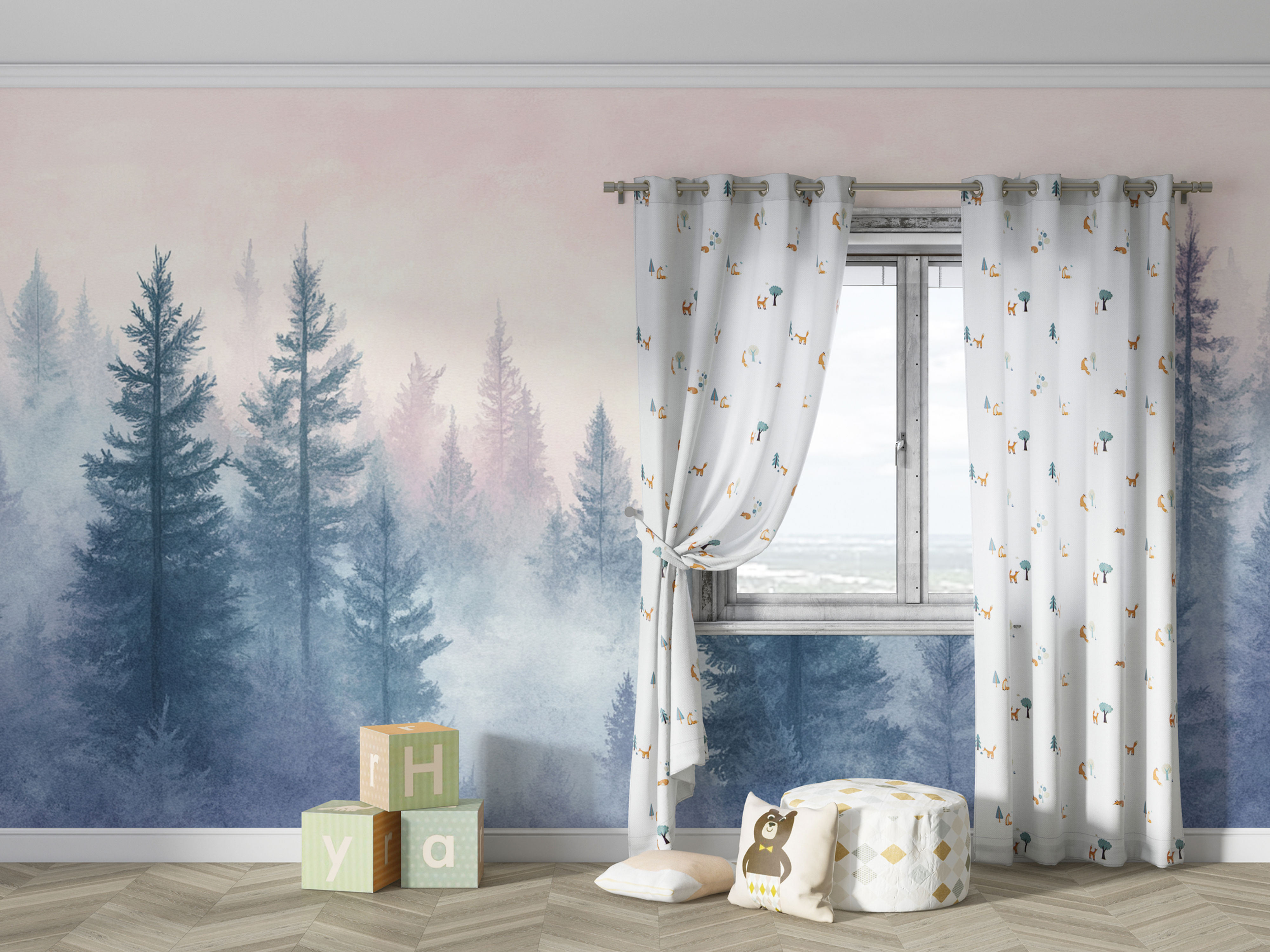 misty blue forest wall mural with evergreen trees