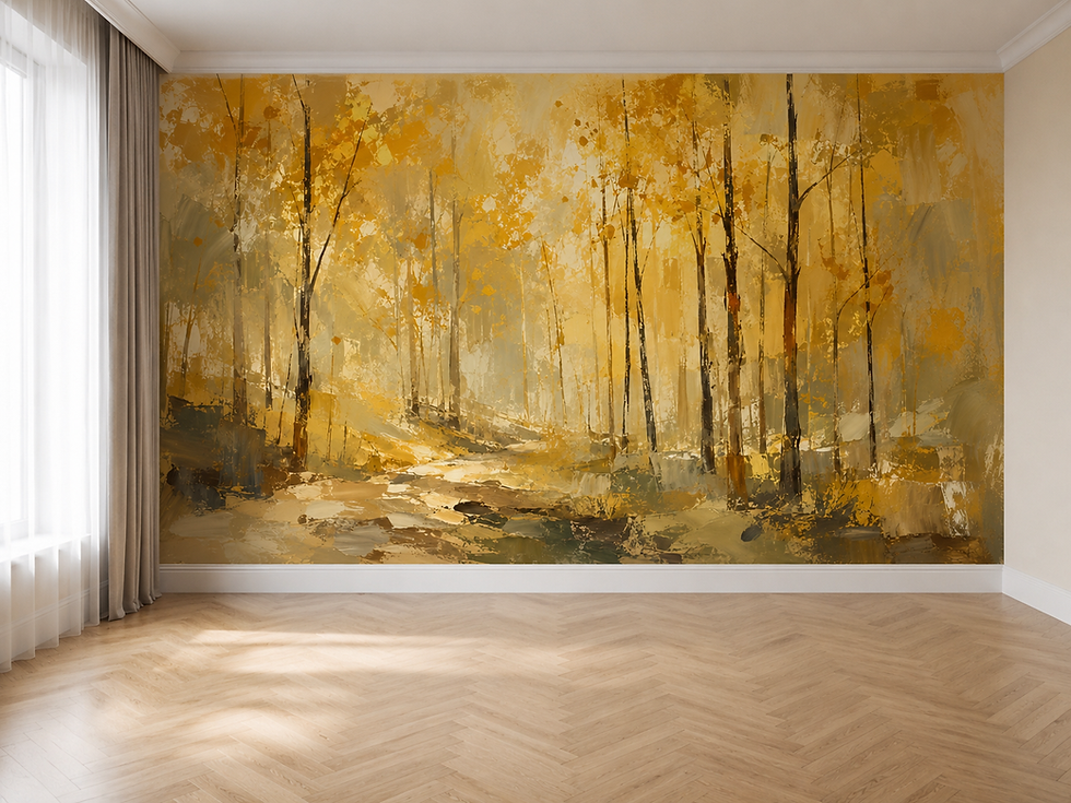 Thumbnail: Painterly forest wallpaper with golden autumn trees, warm ochre light and layered woodland texture in a home office