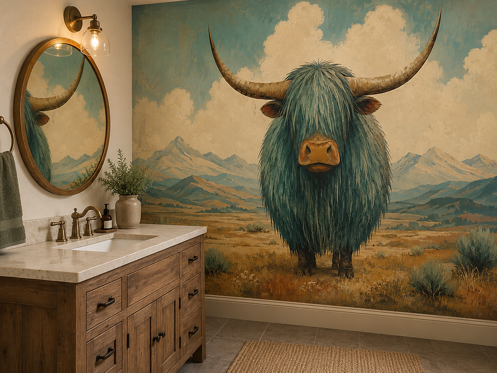 Thumbnail: Teal Highland cow wallpaper mural with cream clouds and muted mountain landscape in a bathroom.