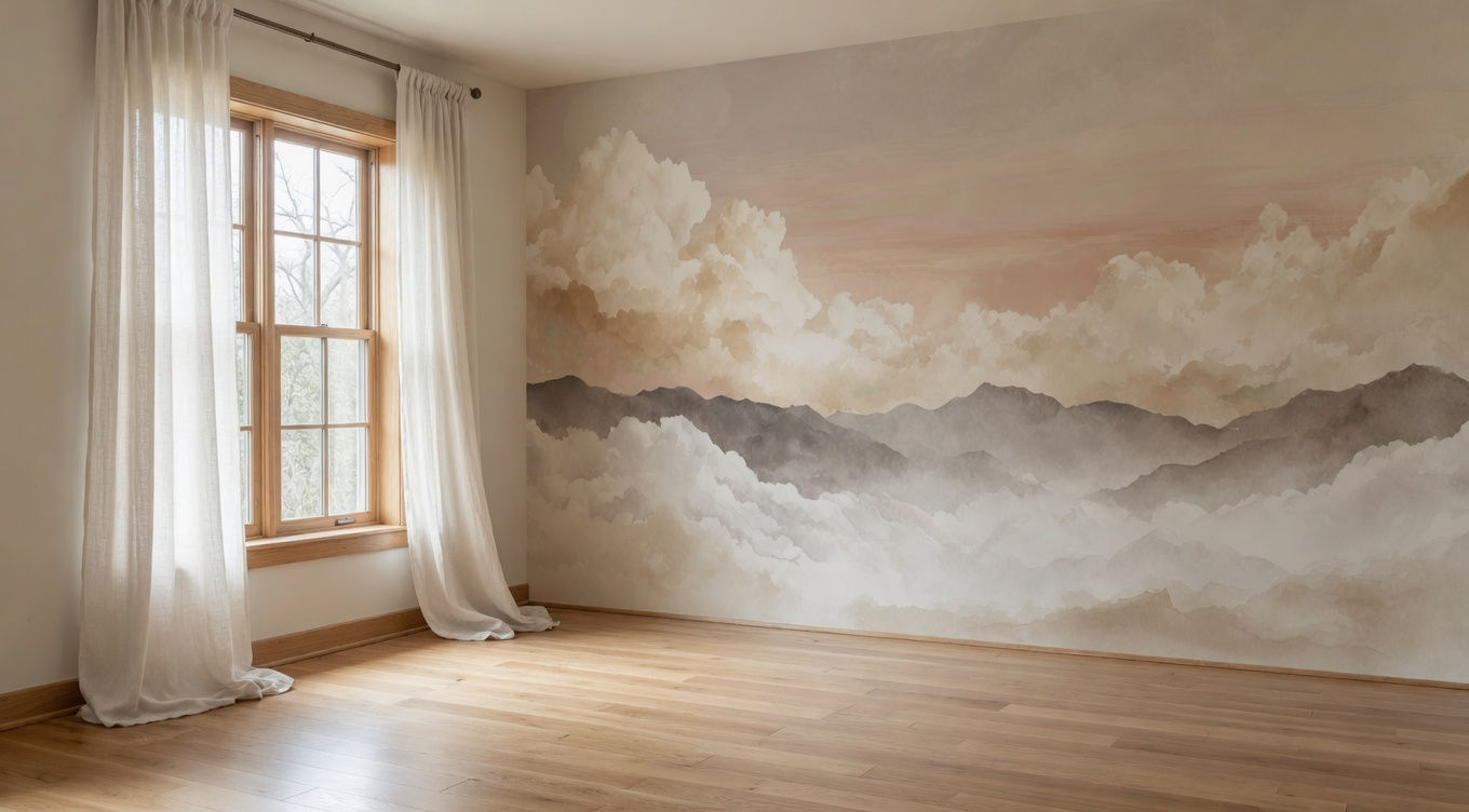 dreamy mountain wall mural with watercolor clouds