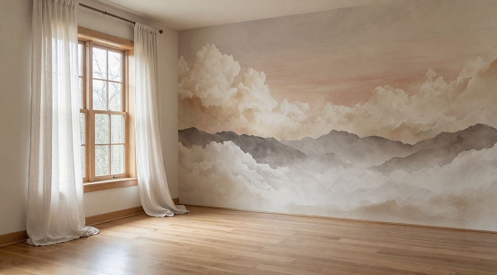 dreamy mountain wall mural with watercolor clouds