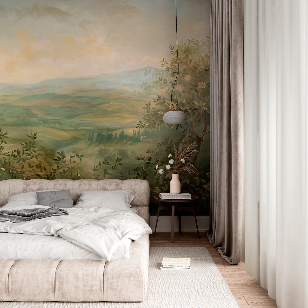 Bedroom styled with Olivara wall mural, airy countryside landscape with muted greens and gentle depth